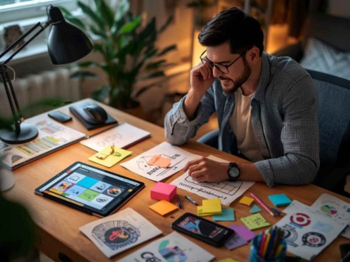 a man sits at a desk cluttered with colorful sticky notes, papers, and a tablet, looking focused and thoughtful. the room is softly lit, creating a productive and creative atmosphere.
