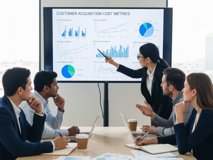 A professional meeting with five people seated around a table, focused on a large screen displaying Customer Acquisition Cost Metrics graphs. A woman gestures to the data, emphasizing collaboration and analysis.