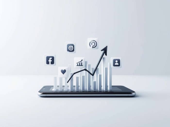 3D bar chart emerges from a smartphone screen with social media icons around it. an upward arrow indicates growth, conveying a sense of digital success.
