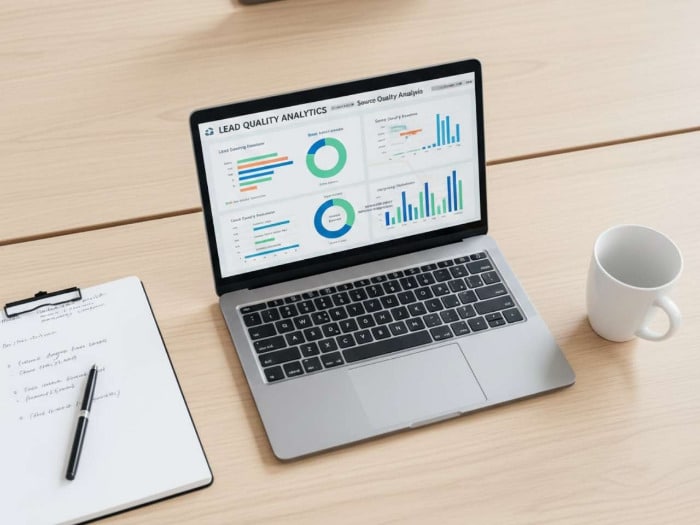 Open laptop on a desk showing lead quality analytics with colorful charts and graphs. Nearby are a clipboard with notes and a white coffee cup.