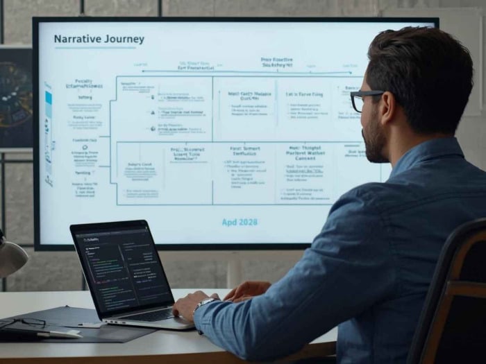 a man in glasses and a blue shirt works on a laptop, analyzing a flowchart titled narrative journey on a large screen. the setting is professional.