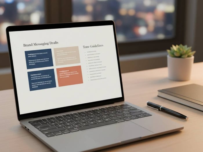 Laptop on a desk displays a slide titled Brand Messaging Drafts with tone guidelines. Nearby are a notebook, pen, and small potted plant. Cozy, professional scene.