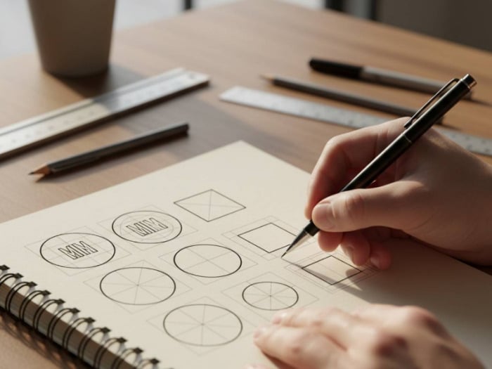A person sketches geometric shapes like circles and squares in a notebook on a wooden desk with rulers and pencils, conveying focus and creativity.