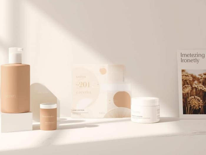 Minimalist skincare products on a sunlit surface. Includes a pump bottle, cream jar, and booklet in beige and white tones, with soft natural lighting.