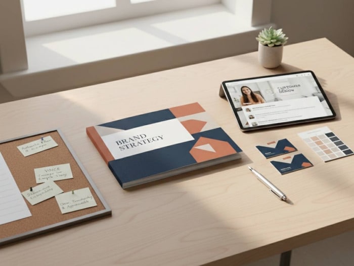 A tidy workspace with a Brand Strategy book, iPad displaying a woman in a meeting, sticky notes on a board, business cards, and a plant, evoking a professional yet creative atmosphere.