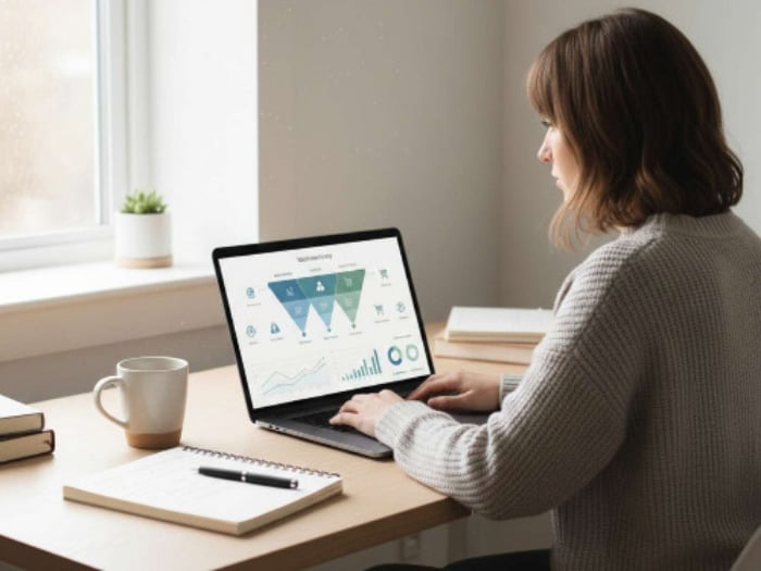 A woman in a gray sweater works on a laptop displaying charts and graphs at a wooden desk. A mug, notebook, and books are nearby, with soft natural light.
