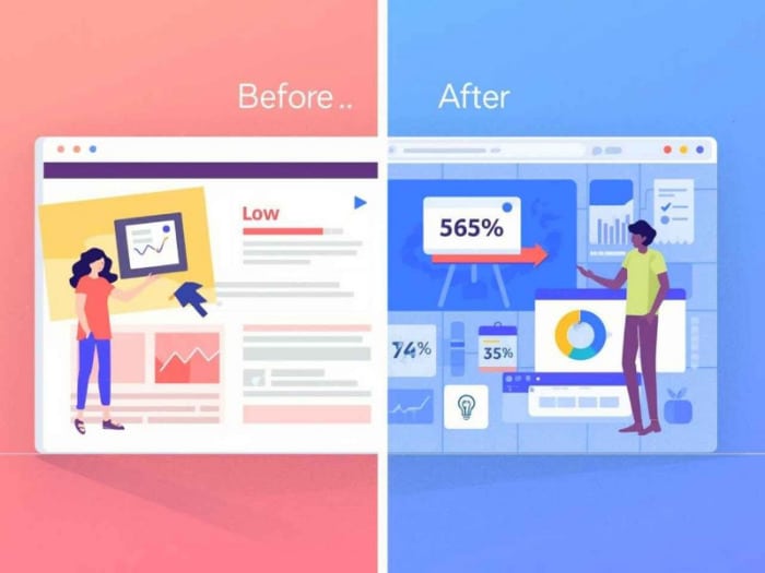 split image showing a before and after comparison. on the left, a person with charts labeled low on the right, a person with charts showing growth.