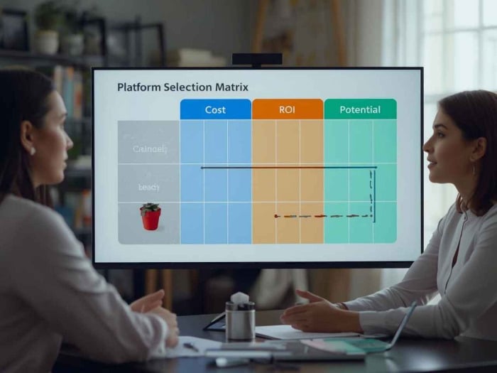 two women discuss a platform selection matrix" displayed on a screen, showing cost, roi, and potential metrics in a professional office setting.
