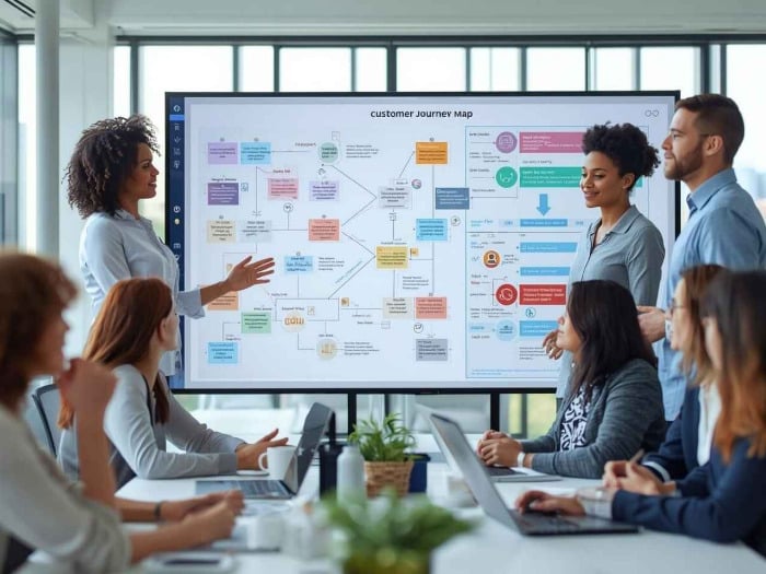 a diverse group of professionals discusses a detailed customer journey map displayed on a large screen in a bright conference room, conveying collaboration and focus