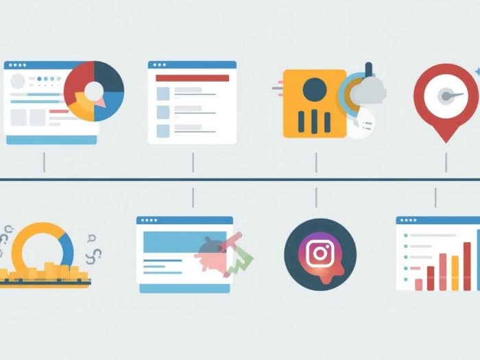 infographic depicting a digital marketing strategy. features charts, graphs, and app icons along a timeline, conveying data analysis and social media focus.
