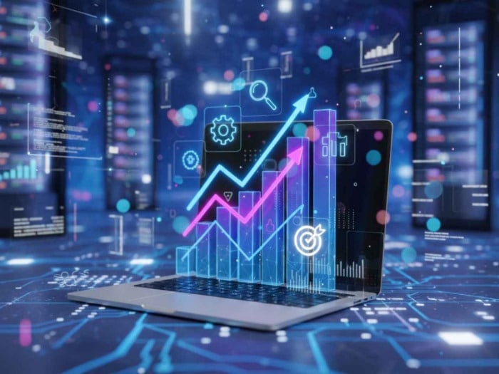 a laptop displays glowing graphs and charts, symbolizing data analysis and growth, with a futuristic background of digital connections and server racks