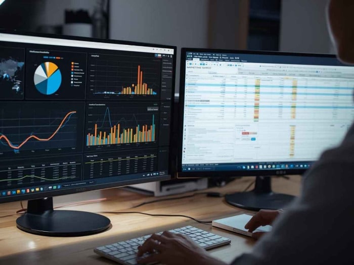 a person works at a desk with two monitors displaying data. the left screen shows colorful charts and graphs, while the right shows a detailed spreadsheet.
