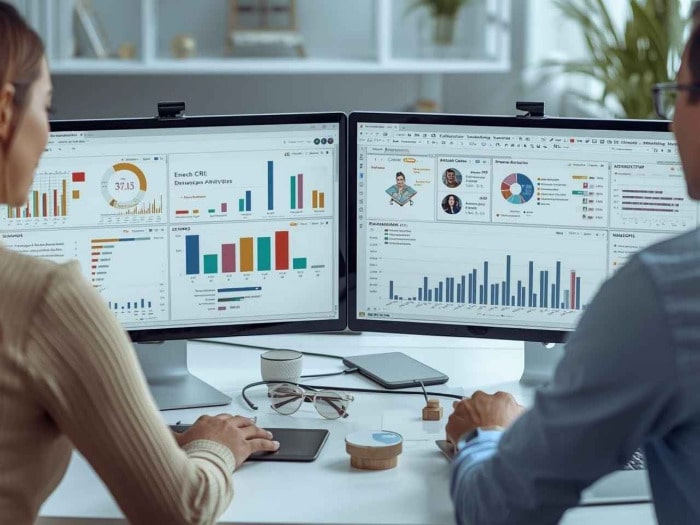 two people are seated at a desk, analyzing data on dual monitors displaying colorful graphs and charts, conveying a focused and collaborative work environment.