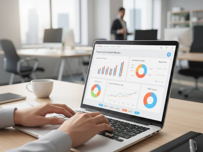 Hands type on a laptop displaying colorful charts and graphs titled Funnel Optimization Metrics in a bright office. A person is blurred in the background.