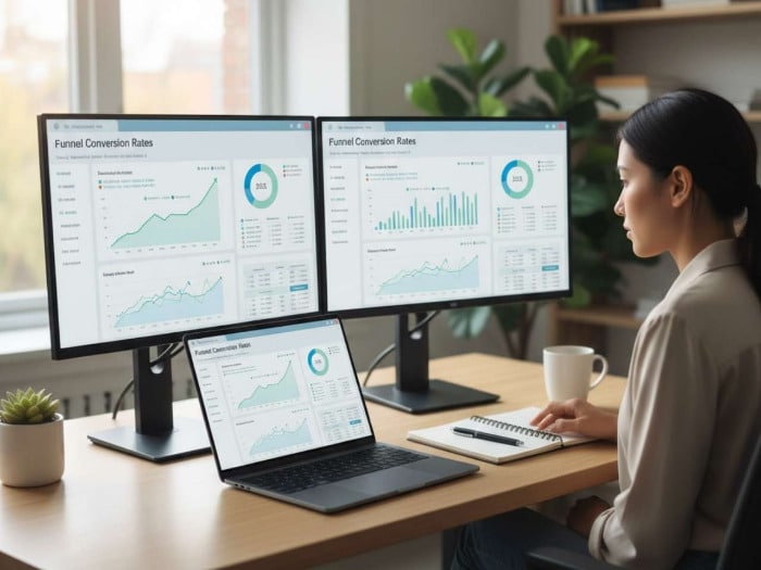 A woman at a desk analyzes data on multiple screens, showing funnel conversion rates and graphs. The setting is a modern office, conveying focus and productivity.